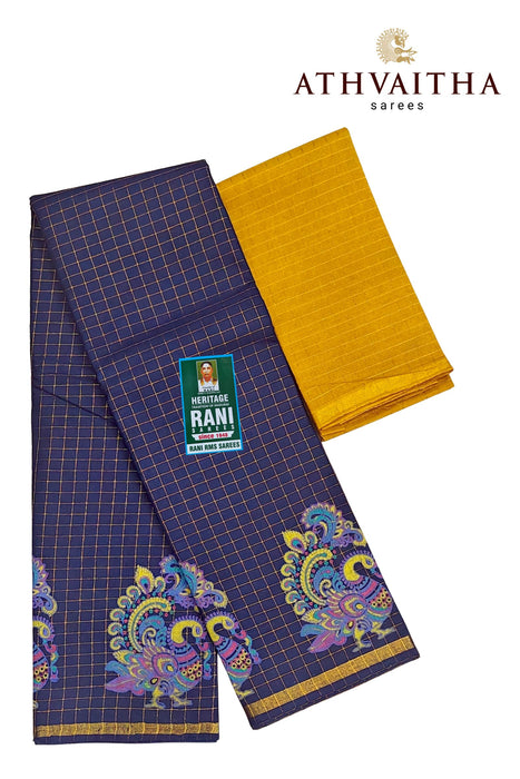 Rani Zari Checks With Kalamkari Design Contrast With Blouse