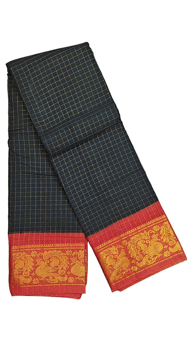 Rani Sungudi Cotton Zari Checks Contrast Double Side Boder -Black-Orange