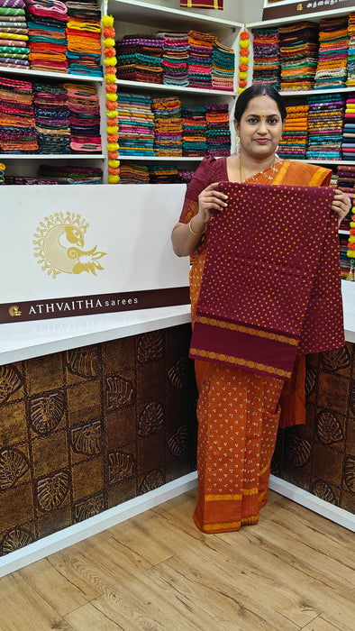 Rani Sungudi Cotton Saree With Oneside Rudraksha Border-Polka Dot Self