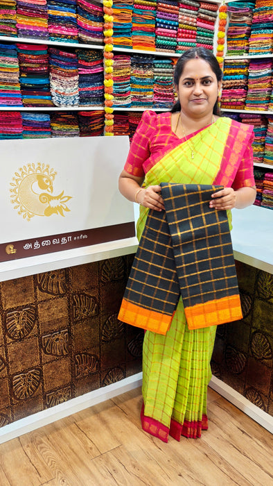 Rani Sungudi Premium Cotton Big Zari Checks- BottleGreen With Orange