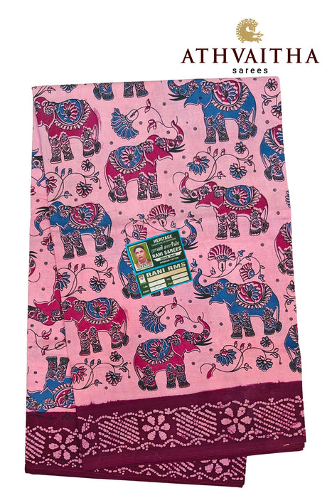 Rani Sungudi Cotton Saree Without Zari Border- Big Elephant