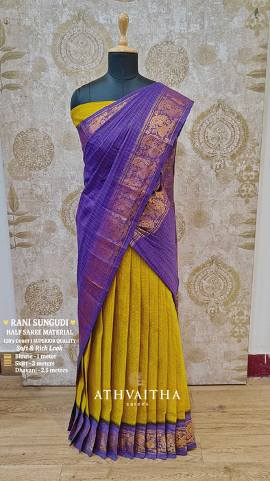 Rani Sungudi Half Saree Material Gold Zari - Mustard-Violet