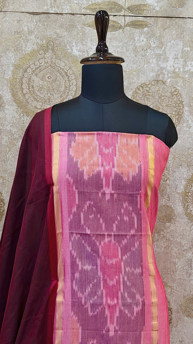 Ikkat Sico Silk Cotton Salwar Material - BabyPink With Maroon