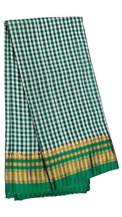 Timeless Ilkal Tradition, Woven with Zari Elegance -Emerald Green & White Checks with a Golden Zari
