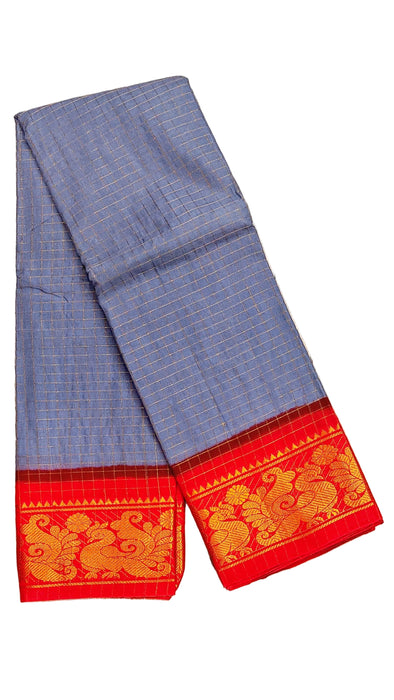 Rani Sungudi Cotton Zari Checks Contrast Double Side Boder - Grey With Red