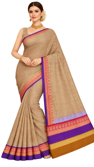 Rani Rich Cotton Saree – Beige with Pink And Puprle Zari Border