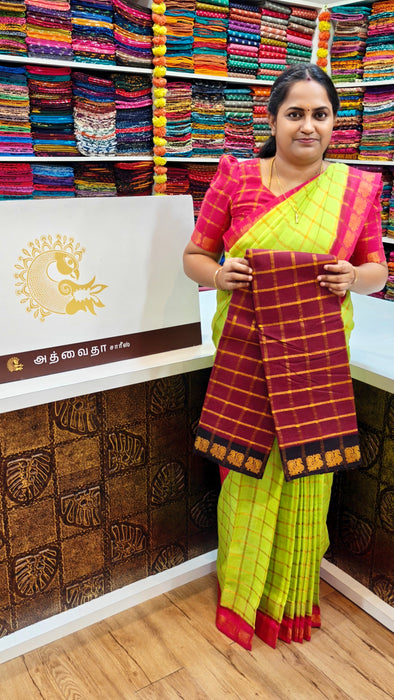 Rani Sungudi Premium Cotton Big Zari Checks- Maroon With Coffee Brown