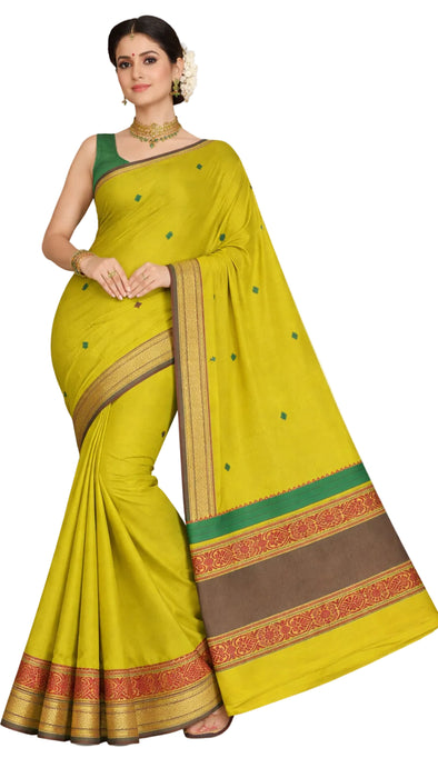 Rani Handloom Rich Cotton Saree – OliveGreen With Maroon Thread Border