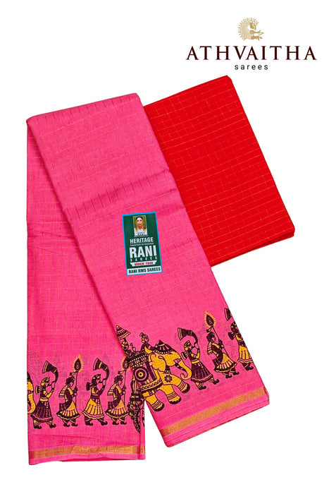 Rani Zari Checks With Kalamkari Design Contrast With Blouse