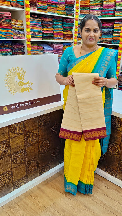 Rani Sungudi Cotton Saree With Doubleside Contrast Border Veldhari- Off White-Purple