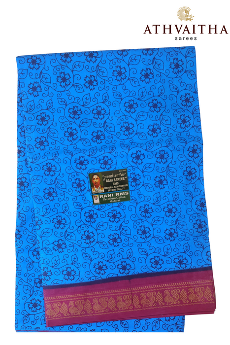 Sungudi Pure Cotton Saree With One Side Small Zari Border-Contrast Hand Printed
