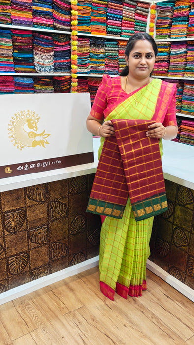 Rani Sungudi Premium Cotton Big Zari Checks- Maroon With OliveGreen