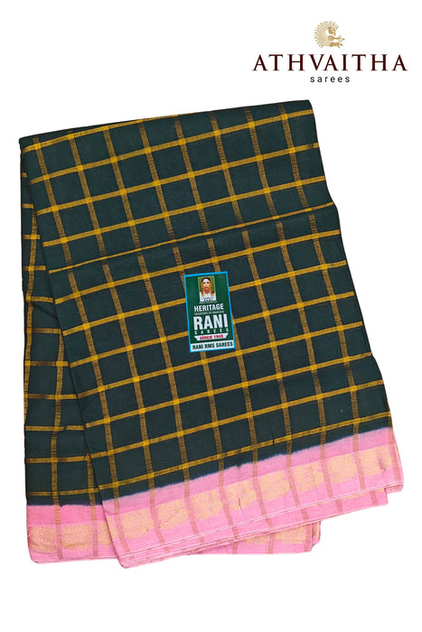 Rani Sungudi Premium Cotton Big Zari Checks-BottleGreen-BabyPink