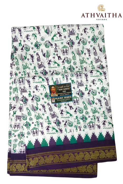 Madurai Rani Sungudi Cotton Saree With Small Zari Border- Janaki Warli