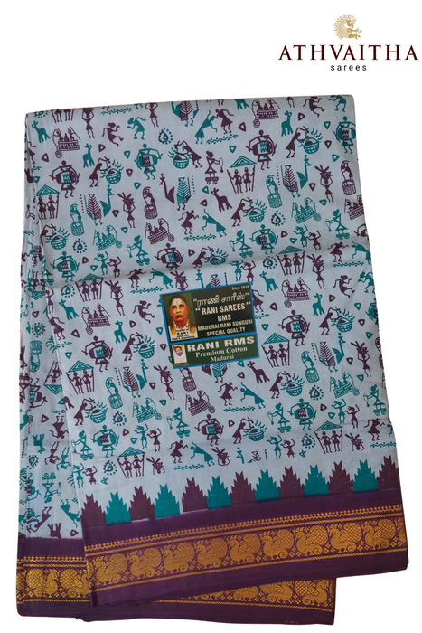 Madurai Rani Sungudi Cotton Saree With Small Zari Border- Janaki Warli