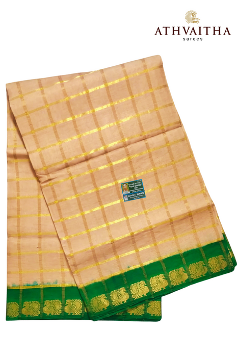 Rani Sungudi Premium Cotton Big Zari Checks- Biscut - Green