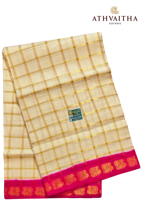 Rani Sungudi Premium Cotton Big Zari Checks-OffWhite-Pink