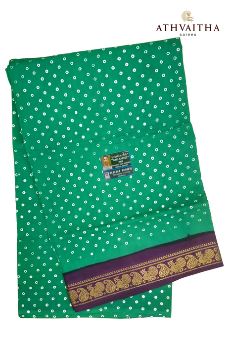 Madurai Sungudi Cotton Saree With One Side  Small Zari Border-Big Single Dot Contrast