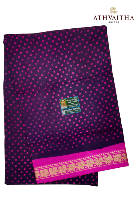 Madurai Sungudi Cotton Saree With One Side  Small Zari Border-Big Single Dot Contrast