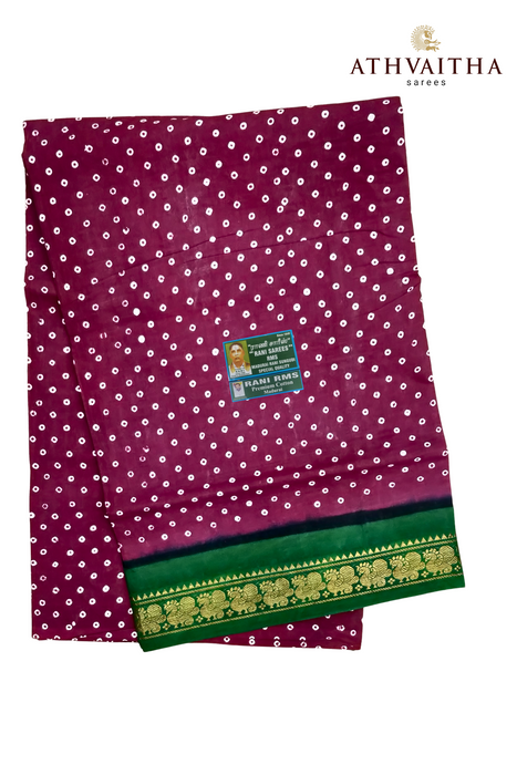 Madurai Sungudi Cotton Saree With One Side Small Zari Border-Big Single Dot Contrast