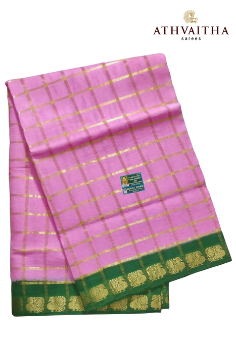 Rani Sungudi Premium Cotton Big Zari Checks- Baby Pink - Green