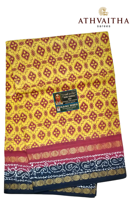 Madurai Pure Sungudi Cotton Rani Sarees With Doubleside Rudraksha Border Contrast-3D Rangoli-1