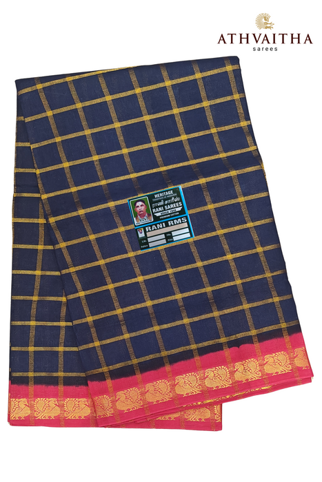 Rani Sungudi Premium Cotton Big Zari Checks-Dark Blue