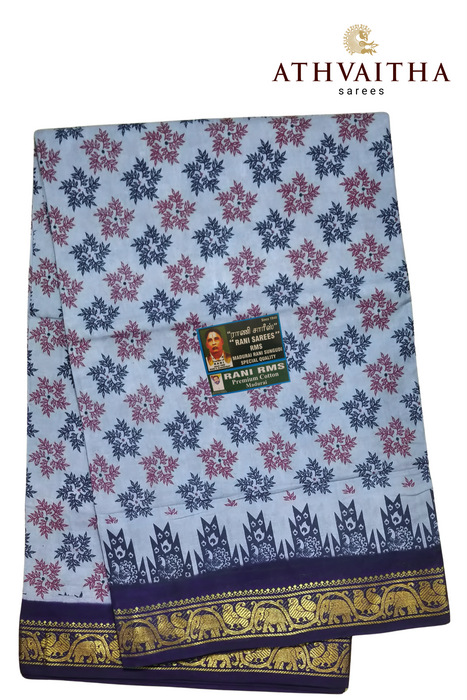 Madurai Rani Sungudi Cotton With Doubleside Small Zari Border Contrast-Flower Rangoli