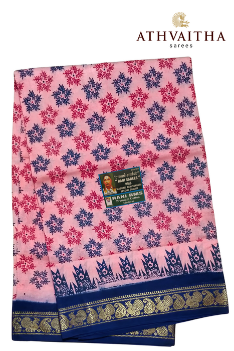 Madurai Rani Sungudi Cotton With Doubleside Small Zari Border Contrast-Flower Rangoli