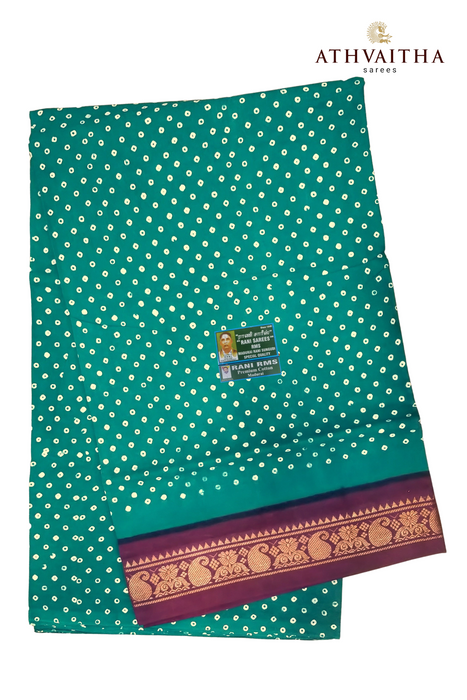 Madurai Sungudi Cotton Saree With One Side  Small Zari Border-Big Single Dot Contrast