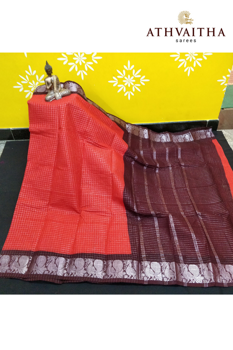 Rani RMS Sungudi Cotton Silver Zari Checks Red-CoffeeBrown