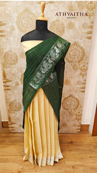 Rani Cotton Silver Half Saree Material-OffWhite-BottleGreen