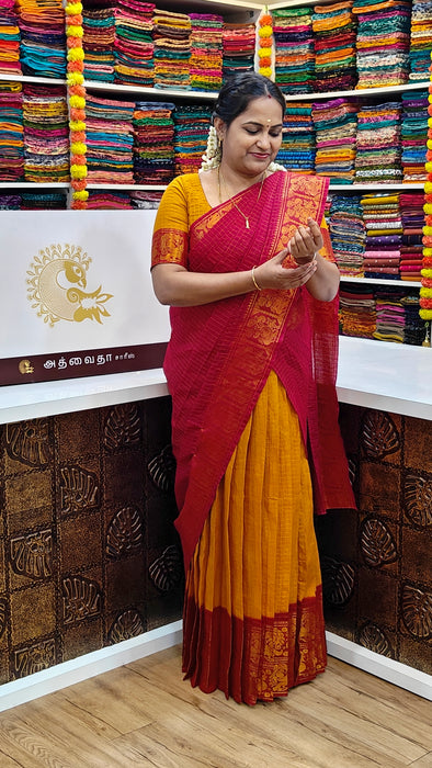 Rani Sungudi Half Saree Material Gold Zari-SnehaGreen-Pink