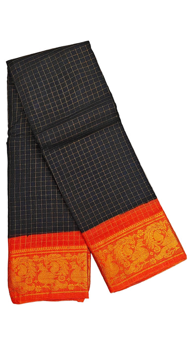 Rani Sungudi Cotton Zari Checks Contrast Double Side Boder - Black-Orange