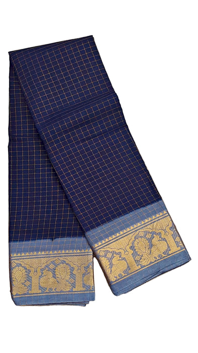 Rani Sungudi Cotton Zari Checks Contrast Double Side Boder -DarkBlue-Gray