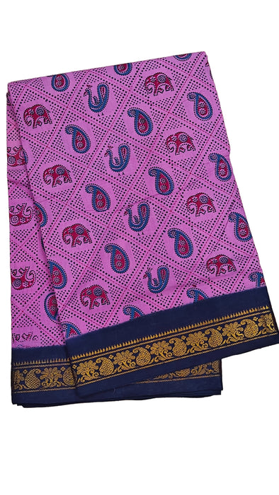 Pink fabric with paisley and elephant patterns and Peacock design