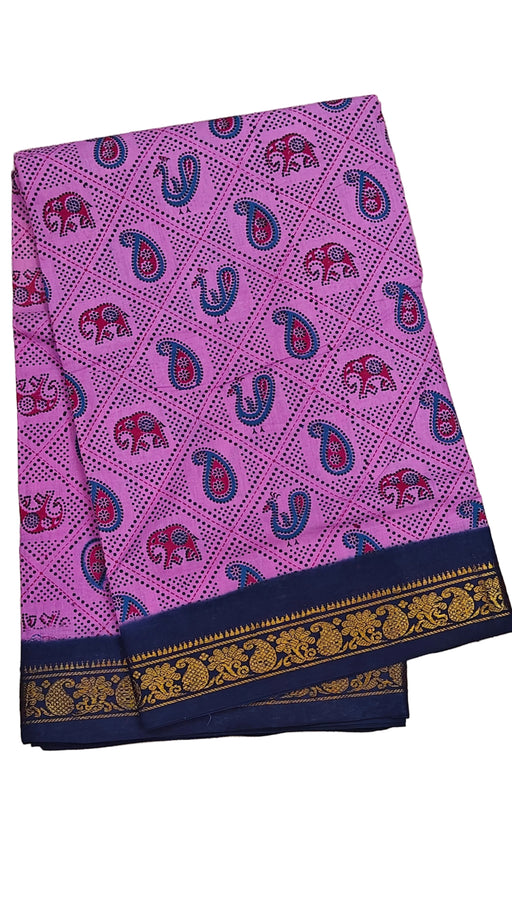Pink fabric with paisley and elephant patterns and Peacock design