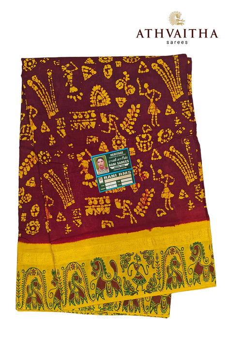 Madurai Rani Sungudi Warli Hand Block With Contrast 1"inch Zari Border