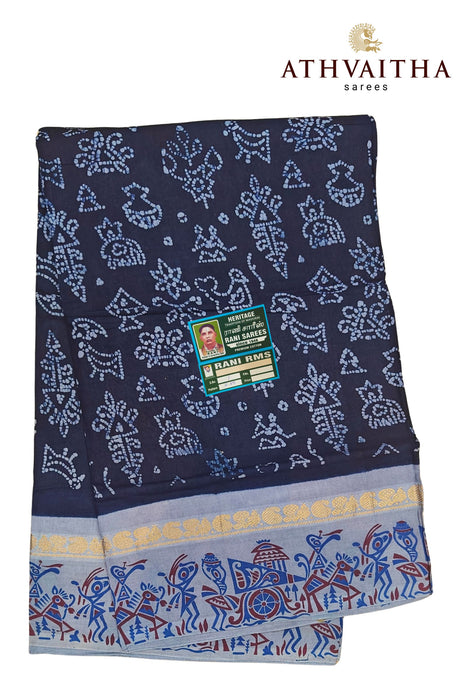 Madurai Rani Sungudi Warli Hand Block With Contrast 1"inch Zari Border