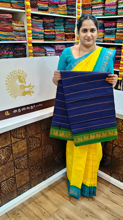 Rani Sungudi Cotton Saree With Doubleside Contrast Border Veldhari - DarkBlue-OliveGreen