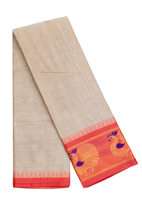 Rani Rich Cotton Saree – Biscuit With Peach Zari Border