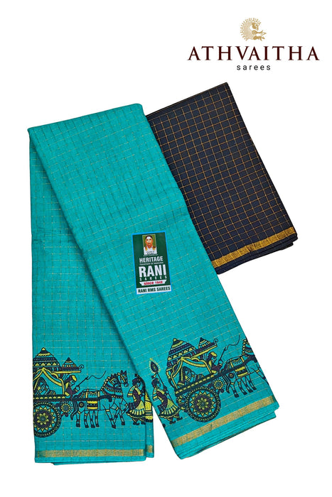 Rani Zari Checks With Kalamkari Design Contrast With Blouse