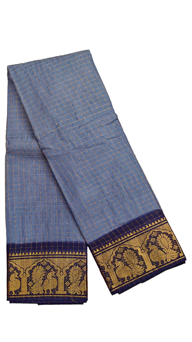 Rani Sungudi Cotton Zari Checks Contrast Double Side Boder -Gray-DarkBlue