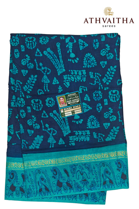 Madurai Rani Sungudi Warli Hand Block With Contrast 1"inch Zari Border