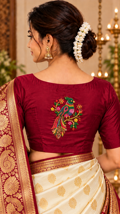 Maroon Silk Cotton Readymade Blouse with Peacock