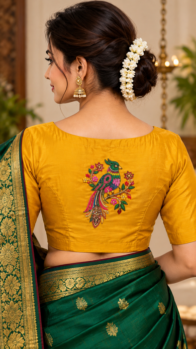 Mustard Yellow Silk Cotton Readymade Blouse with Peacock