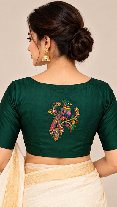 Bottle Green Silk Cotton Readymade Blouse with Peacock