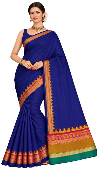 Rani Rich Cotton Saree – DarkBlue With Mustard Zari Border
