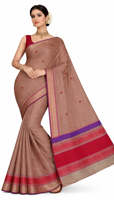 Rani Handloom Rich Cotton Saree – LightBrown With Maroon Thread Border