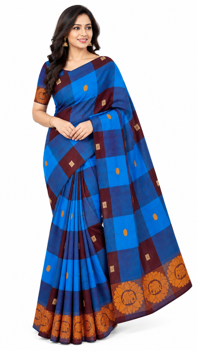 Chettinad Cotton Checked Saree – InkBlue With Brown Thread Border
